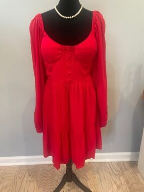 Red Long-Sleeve Tiered Dress - Classic Feminine Style large